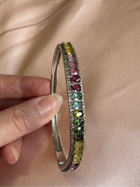 Vintage Jewelry - 925 sterling silver tourmaline multicolor bangle bracelet pink green blue yellow